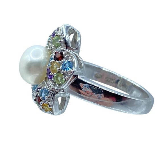 East Art Sterling Silver 8mm Pearl Solitaire Multi-Gemstone Floral Ring Sz 5.75 - Picture 7 of 11